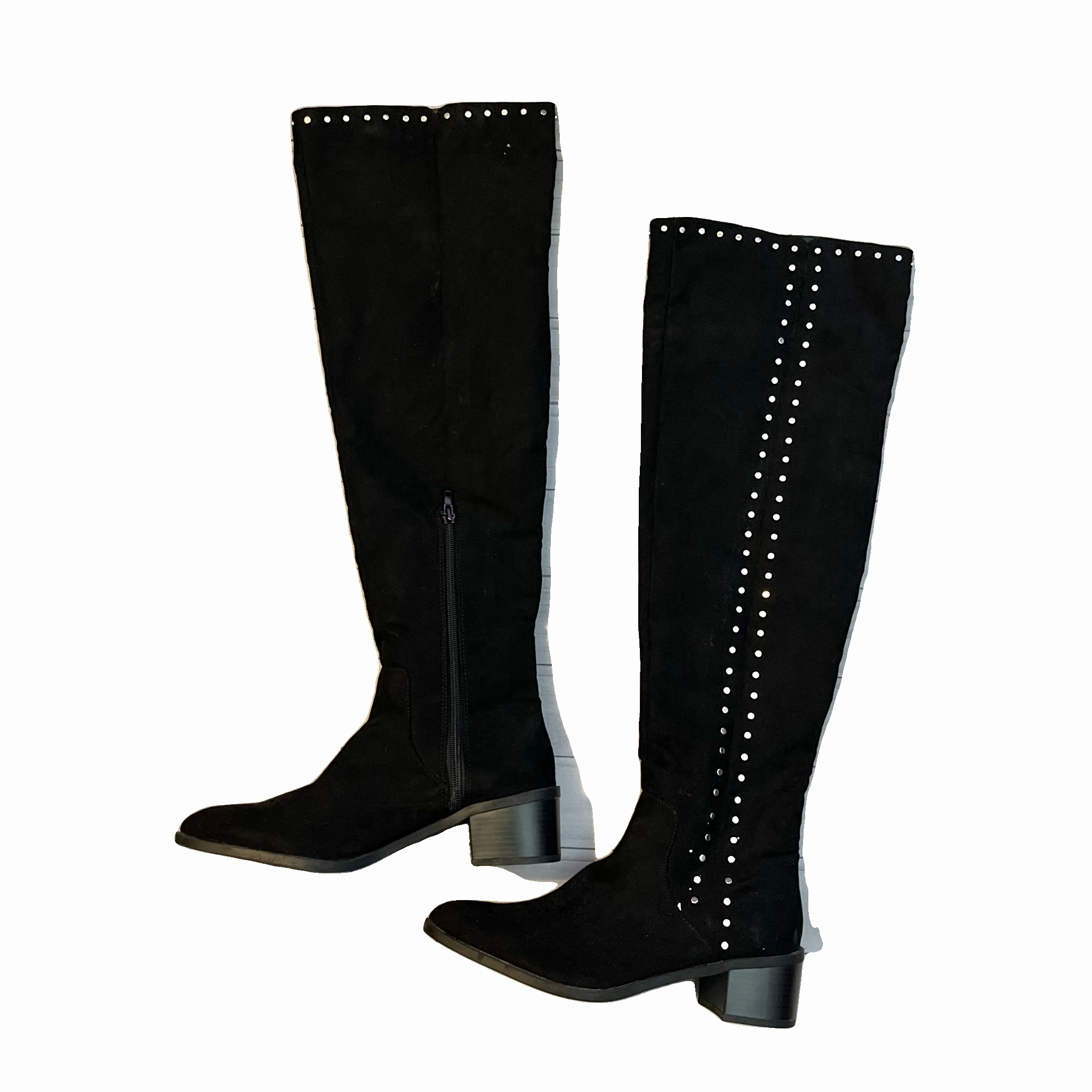 Boots Knee Heels By Fergalicious In Black Silver, Size: 7.5