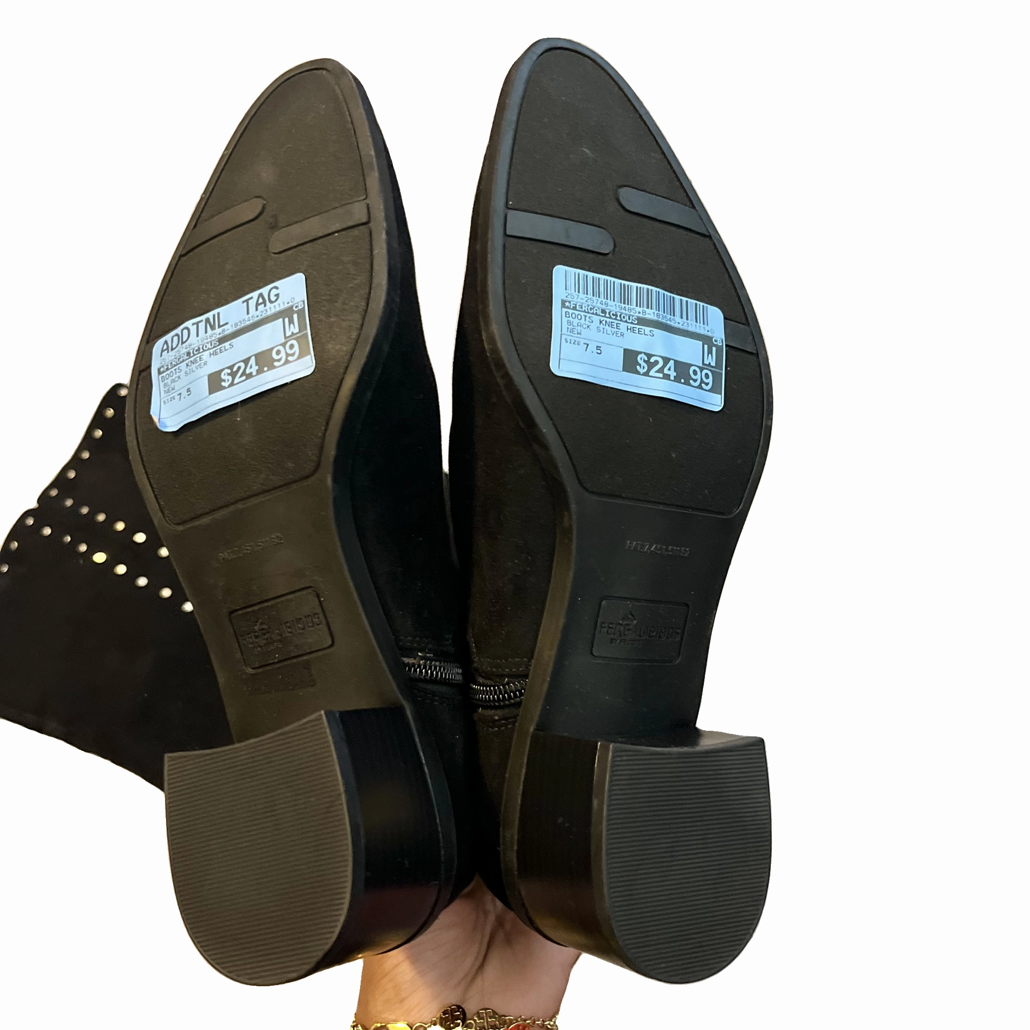 Boots Knee Heels By Fergalicious In Black Silver, Size: 7.5
