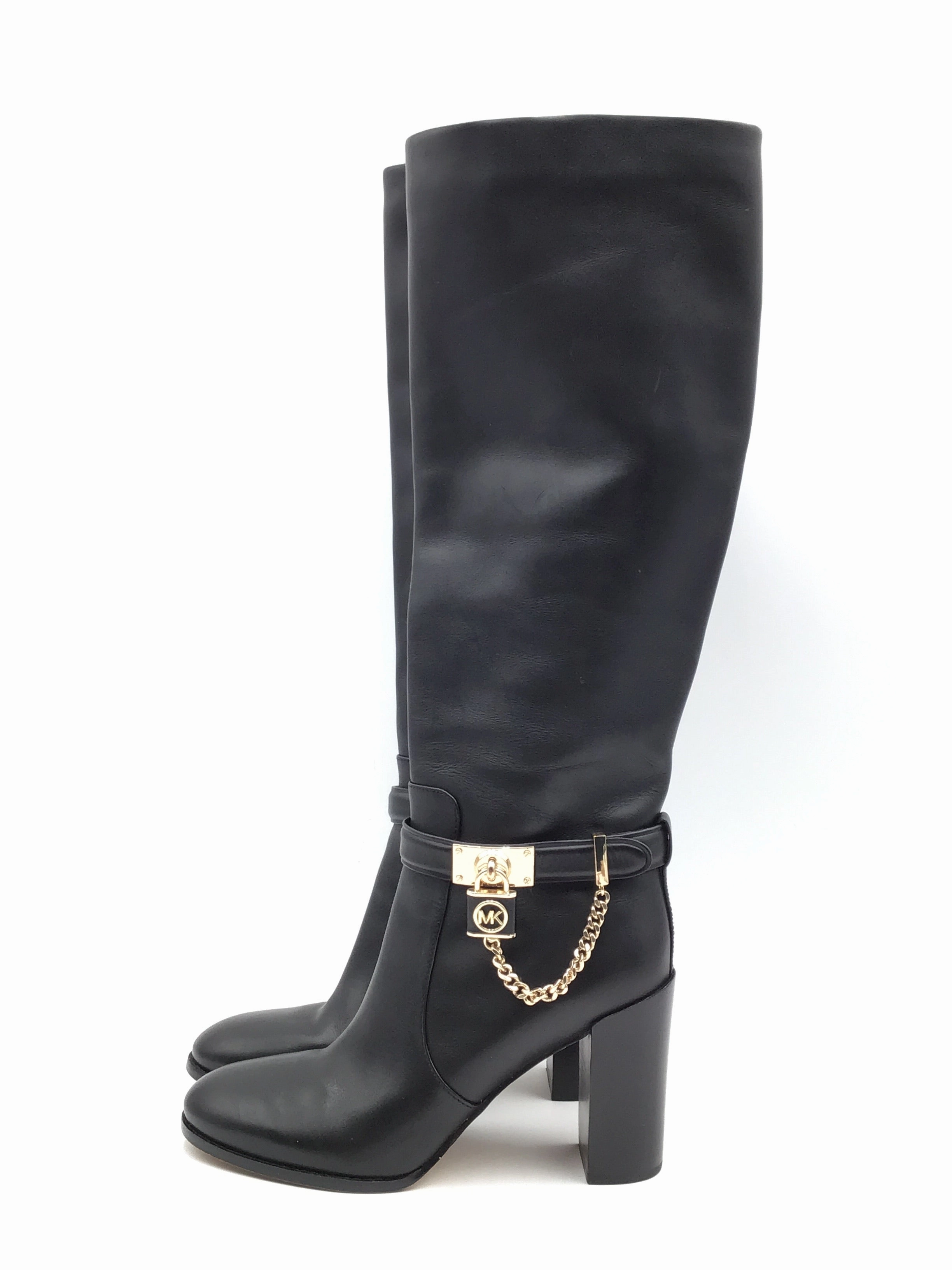 Boots Knee Heels By Michael Kors In Black & Gold, Size: 8