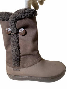 Boots Mid-calf Flats By Crocs In Brown, Size: 9