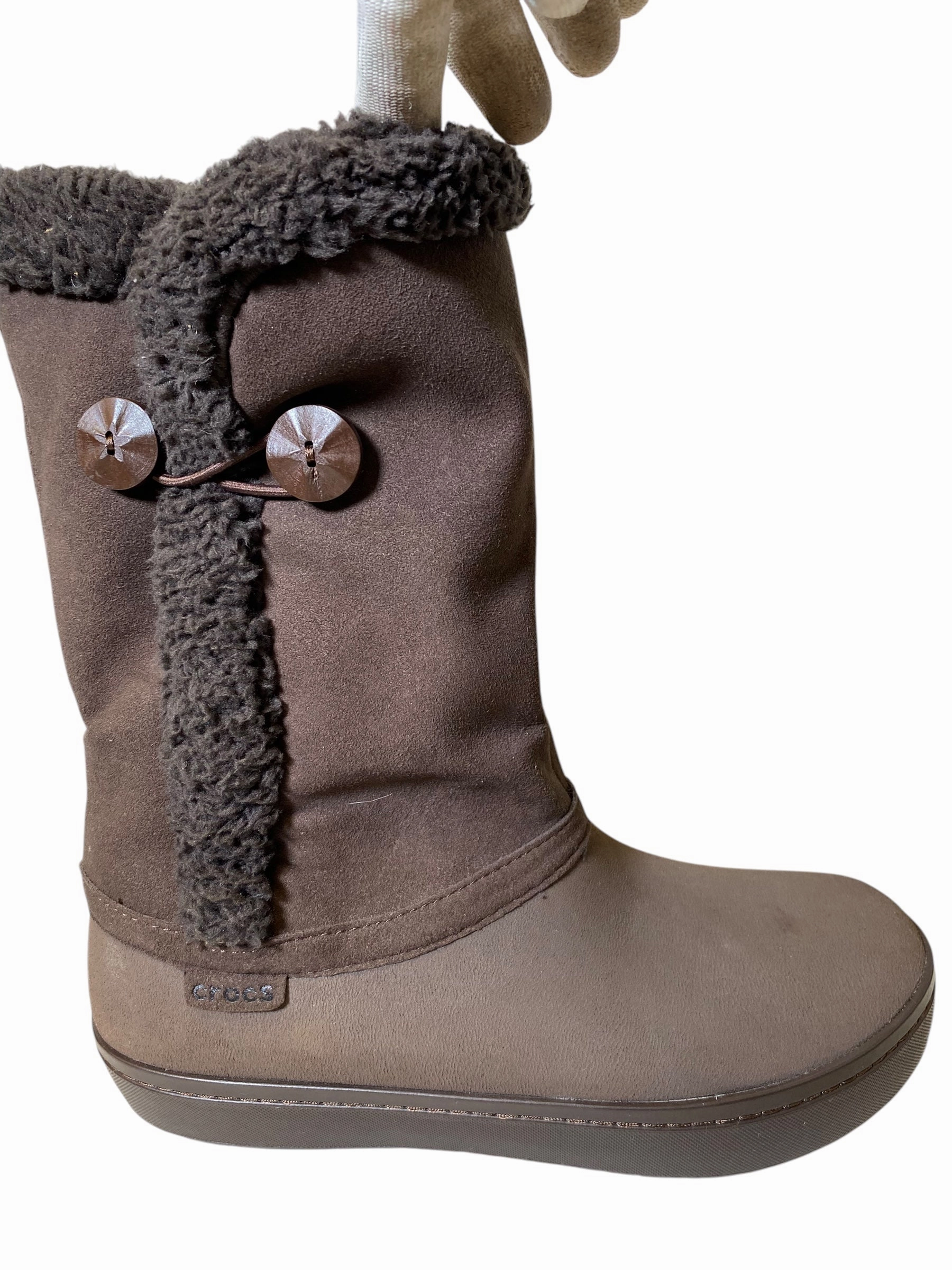 Boots Mid-calf Flats By Crocs In Brown, Size: 9