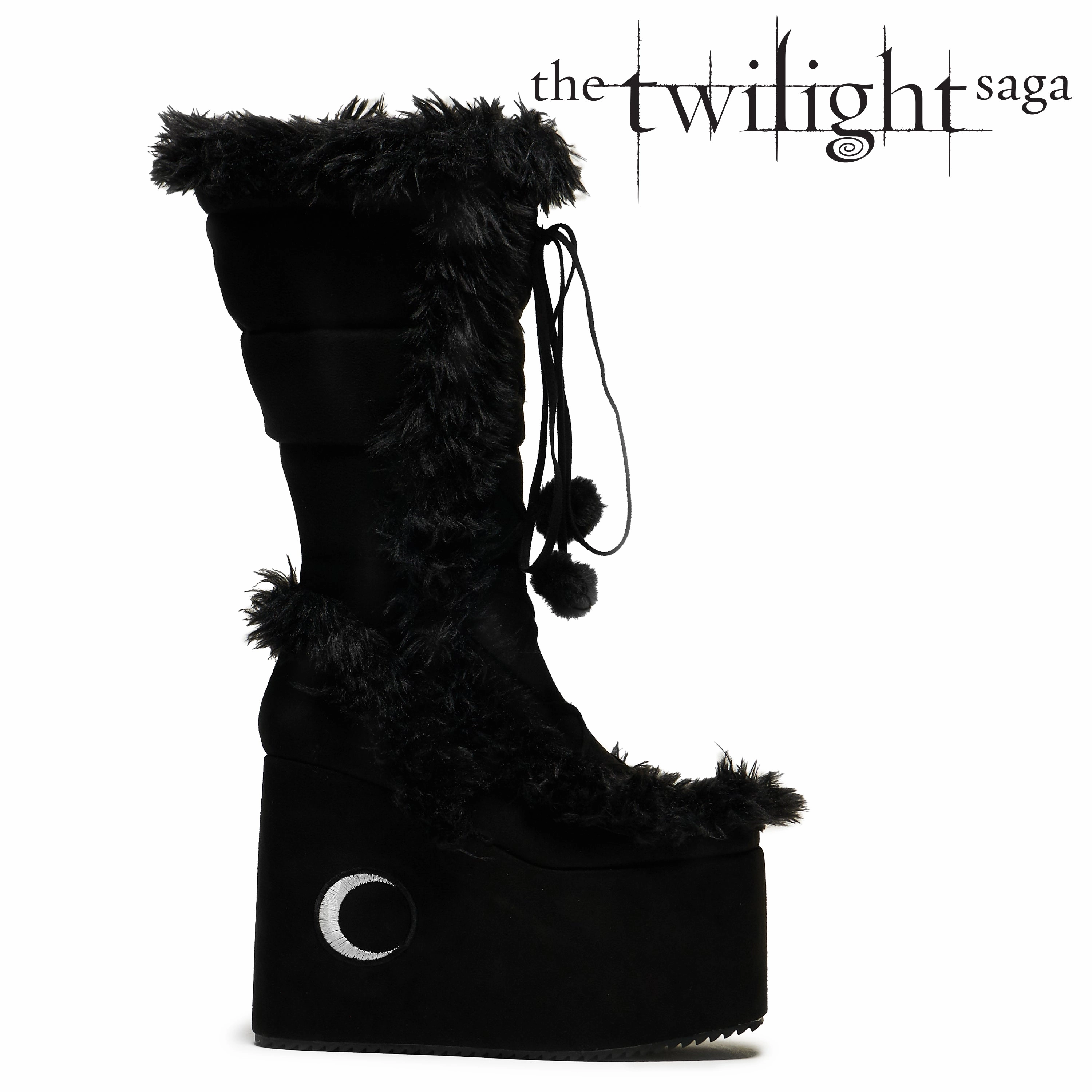 La Push Crescent Platform Faux Fur Long Boots - Black