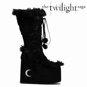 La Push Crescent Platform Faux Fur Long Boots - Black