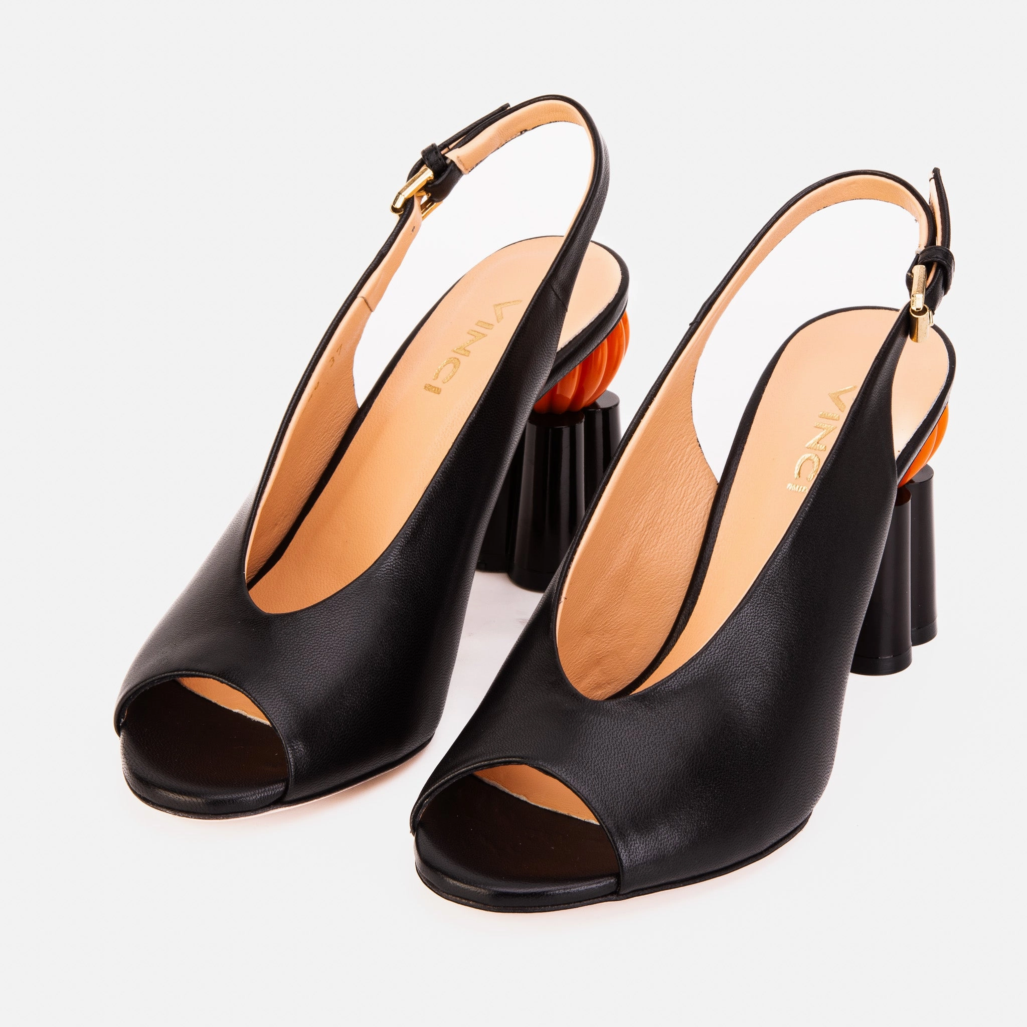 The Cimla Pumpkin Heel Black Leather Women Sandal