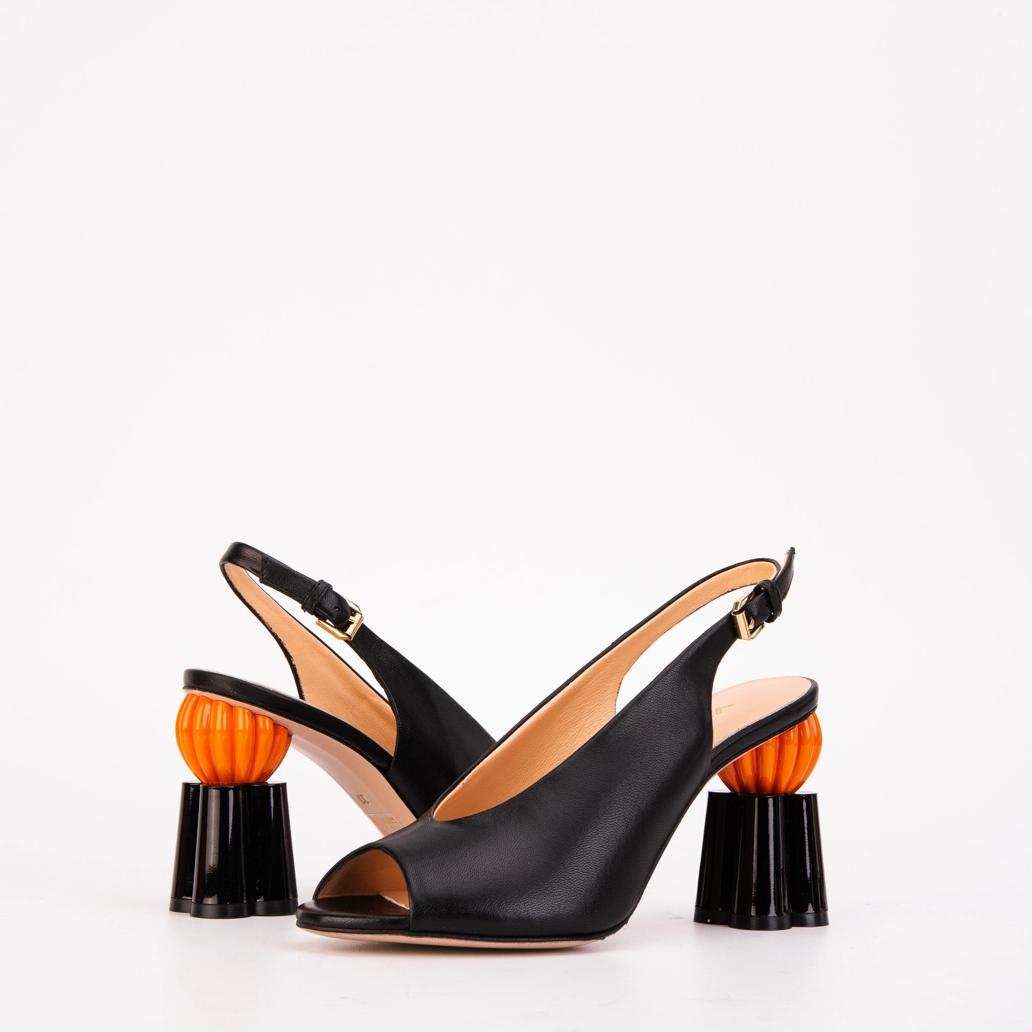 The Cimla Pumpkin Heel Black Leather Women Sandal
