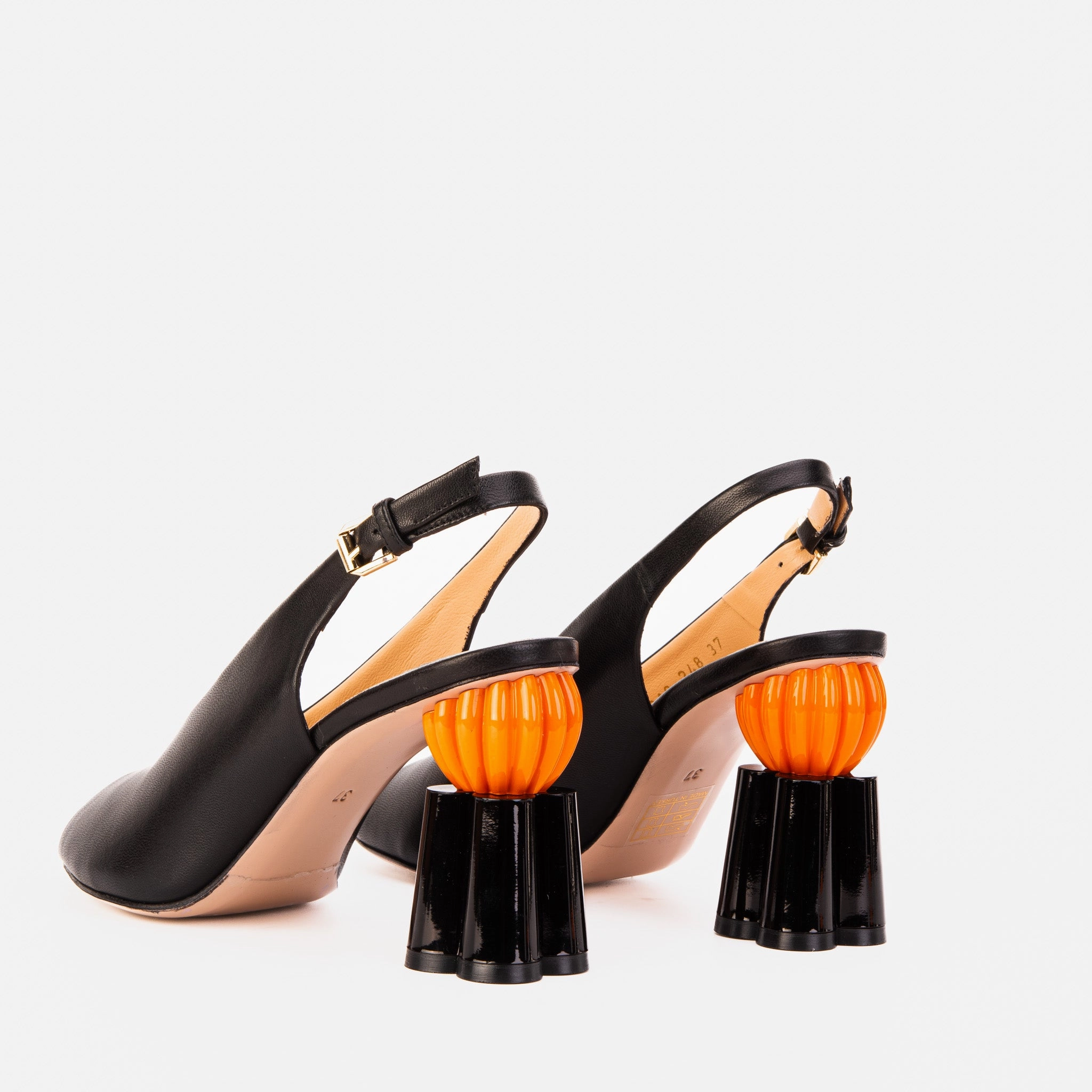 The Cimla Pumpkin Heel Black Leather Women Sandal