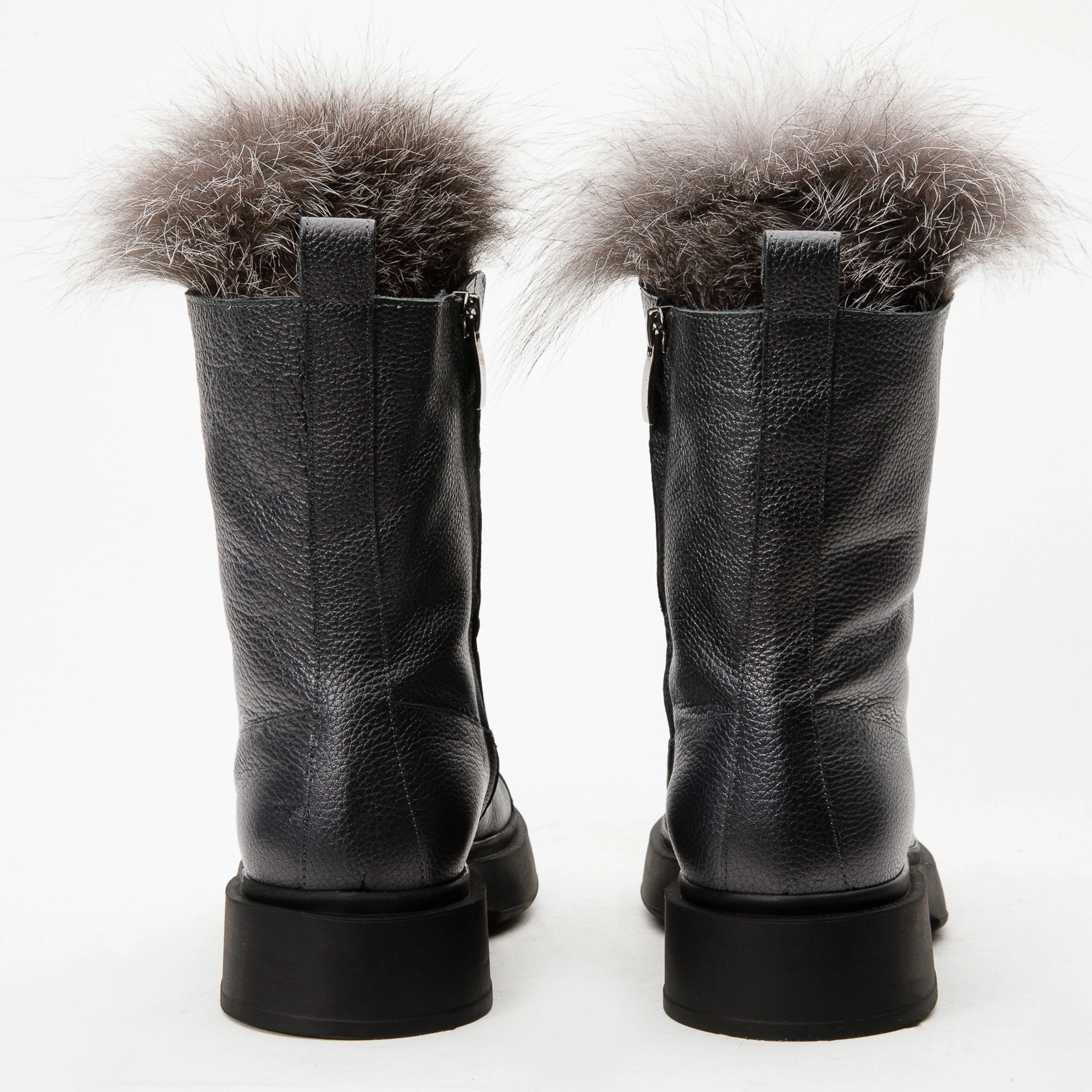 The Kajapati Grey Leather Natural Fur Mid Calf Women Boot