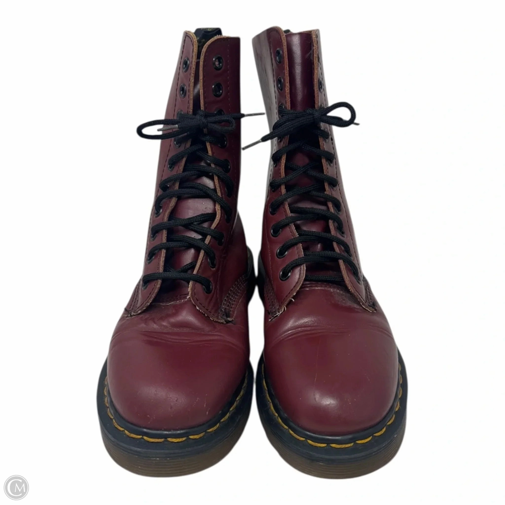 Vintage Made in England 1490 Smooth Leather Mid Calf Boots By Dr Martens In Cherry Red, Size: 6