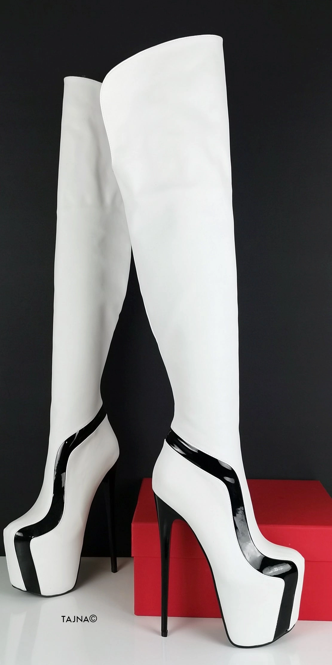 White Black Detail Knee High Boots