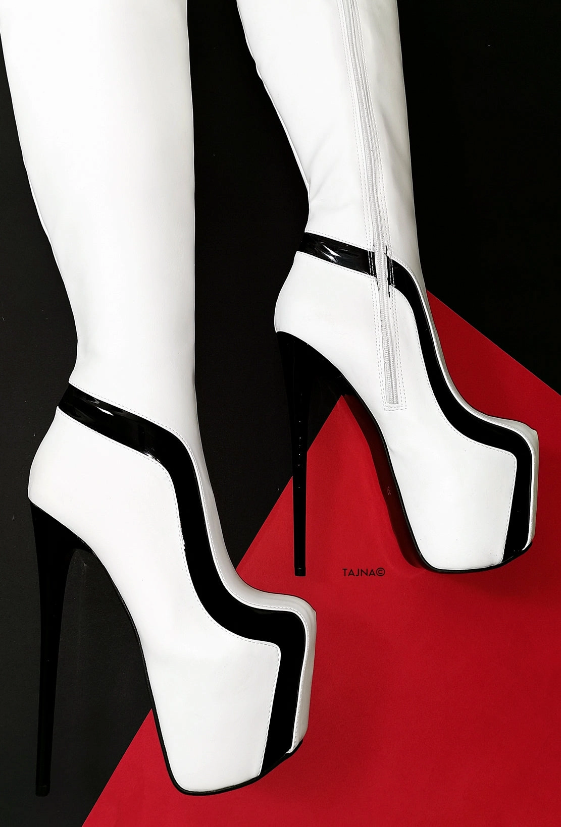 White Black Detail Knee High Boots