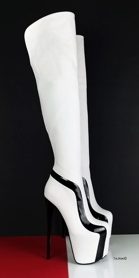 White Black Detail Knee High Boots
