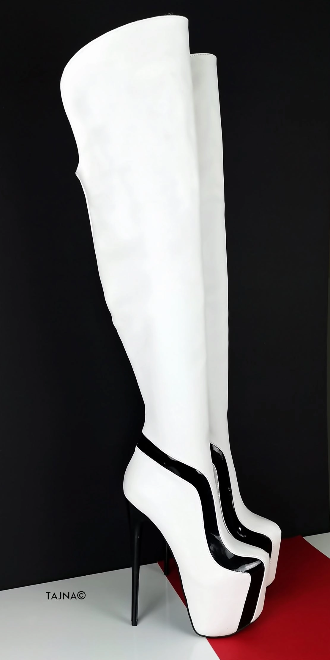 White Black Detail Knee High Boots
