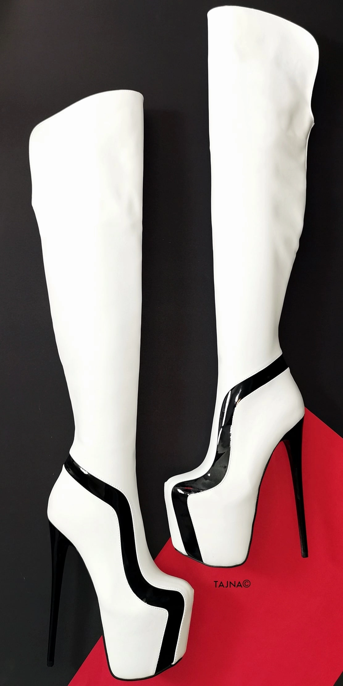 White Black Detail Knee High Boots