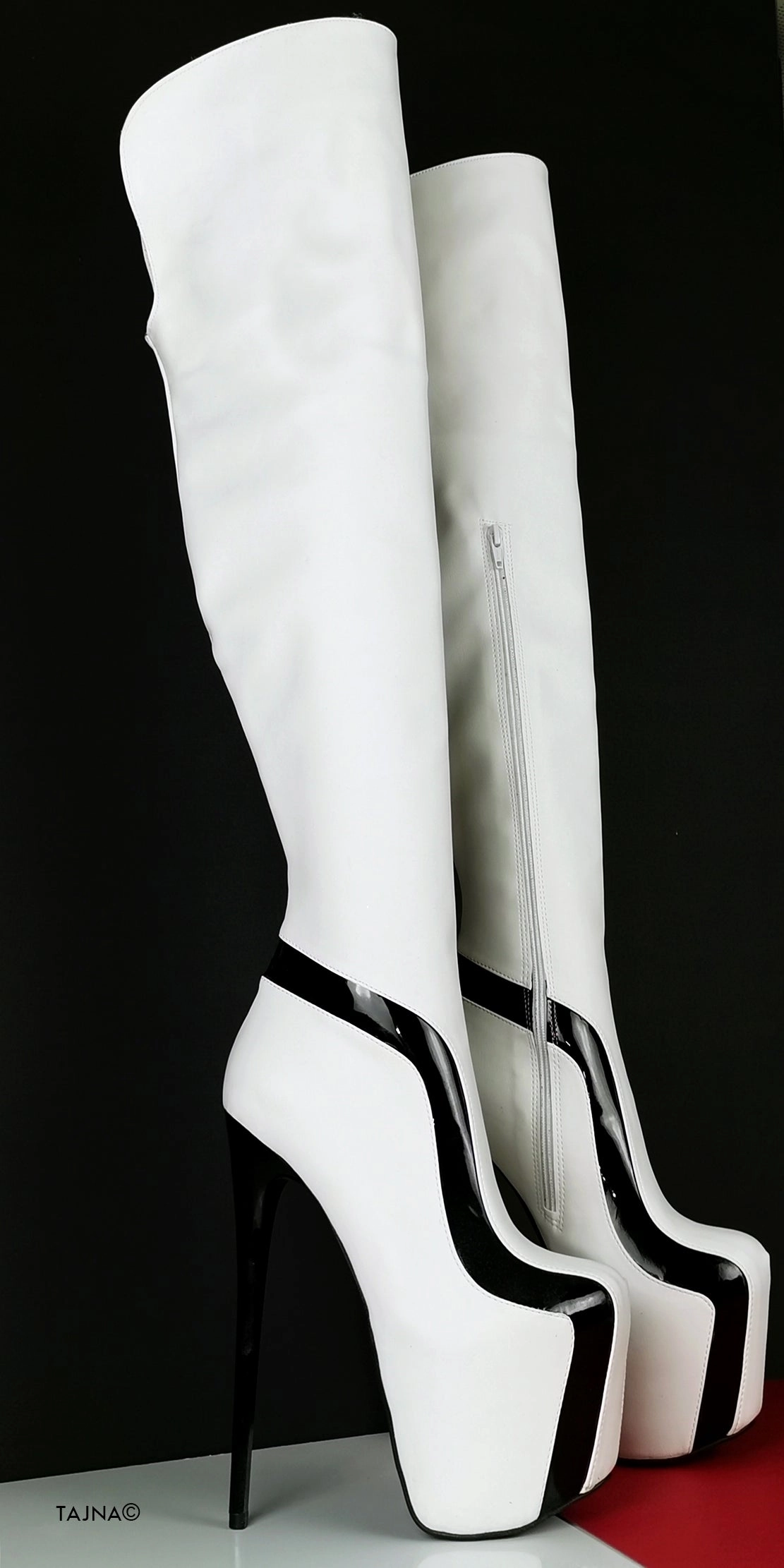 White Black Detail Knee High Boots