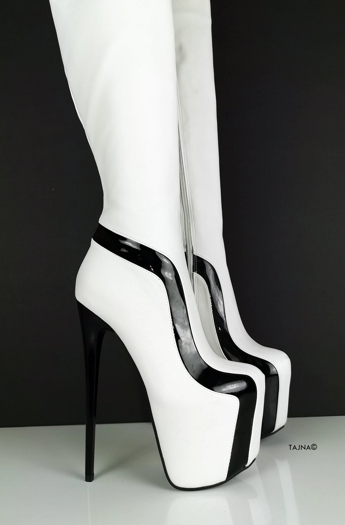 White Black Detail Knee High Boots