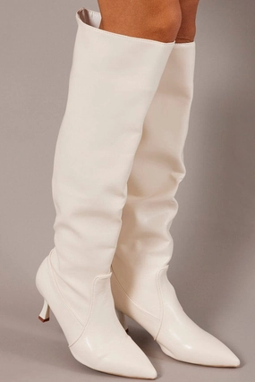 White Heeled Knee High Boots