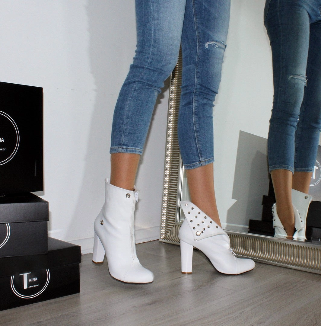 White Zip Fold Chunky Heel Ankle Booties