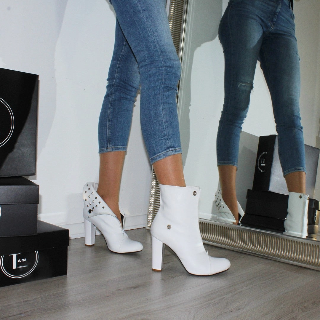 White Zip Fold Chunky Heel Ankle Booties
